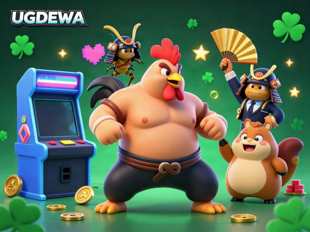 UGDEWA's powerful rooster samurai and fierce cricket face off in a dynamic casino gaming arena.