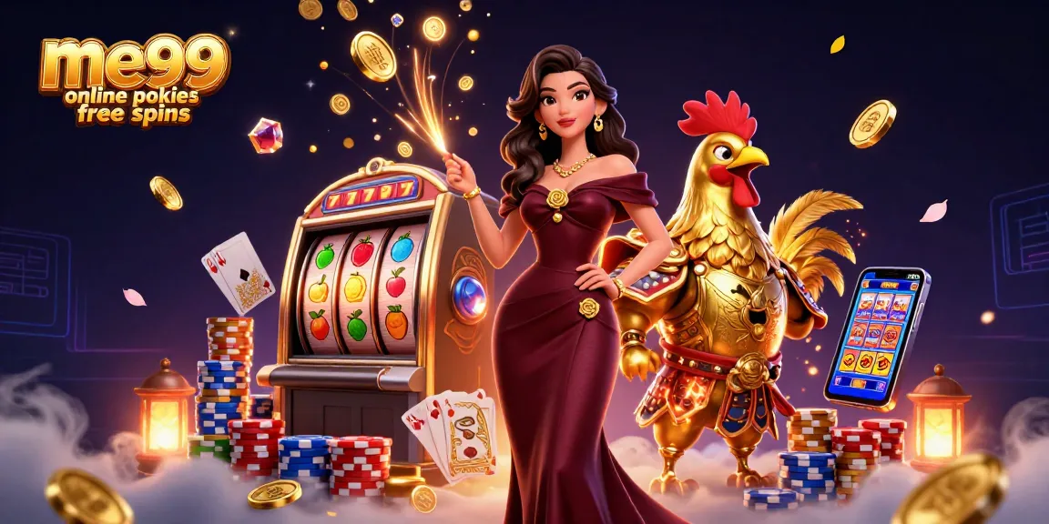 Experience me99 online pokies free spins with glamorous characters and vibrant casino elements.