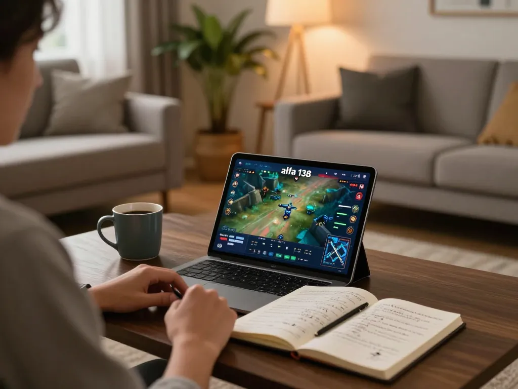 Pemain menikmati permainan online alpha 138 di tablet dengan catatan strategis dan suasana yang nyaman