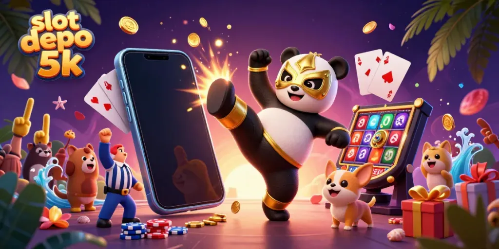 Experience thrilling action in a vibrant slot depo 5k scene with a panda wrestler and casino elements.