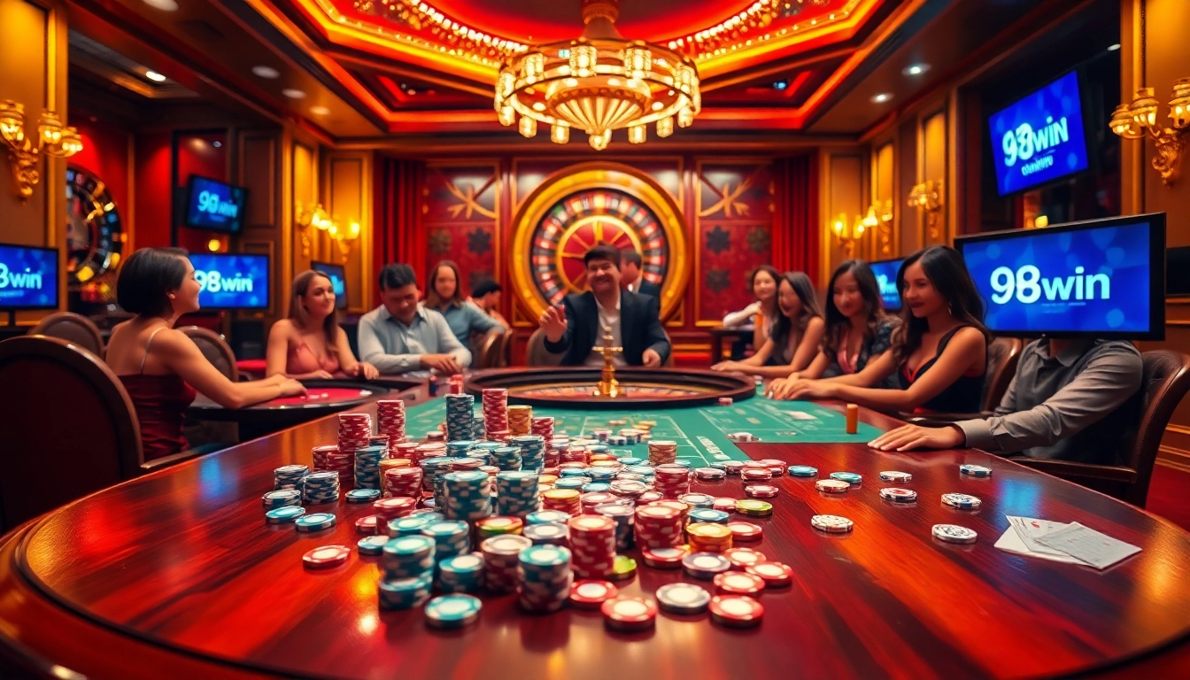 Gambling excitement at 98WIN casino with players enjoying poker and roulette games.