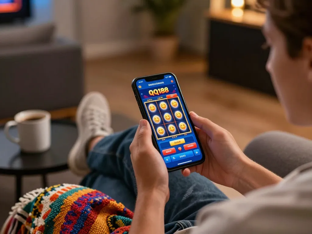 Momen permainan yang menarik dengan QQ188 Slot ditampilkan di smartphone, menekankan hiburan mobile.