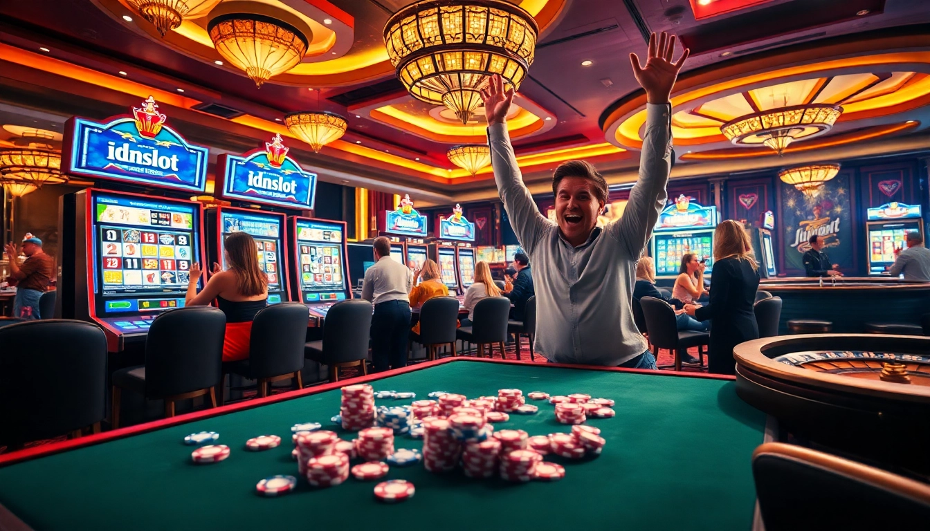 Idnslot gaming experience with vibrant slot machines and celebrating winners at a luxurious casino.