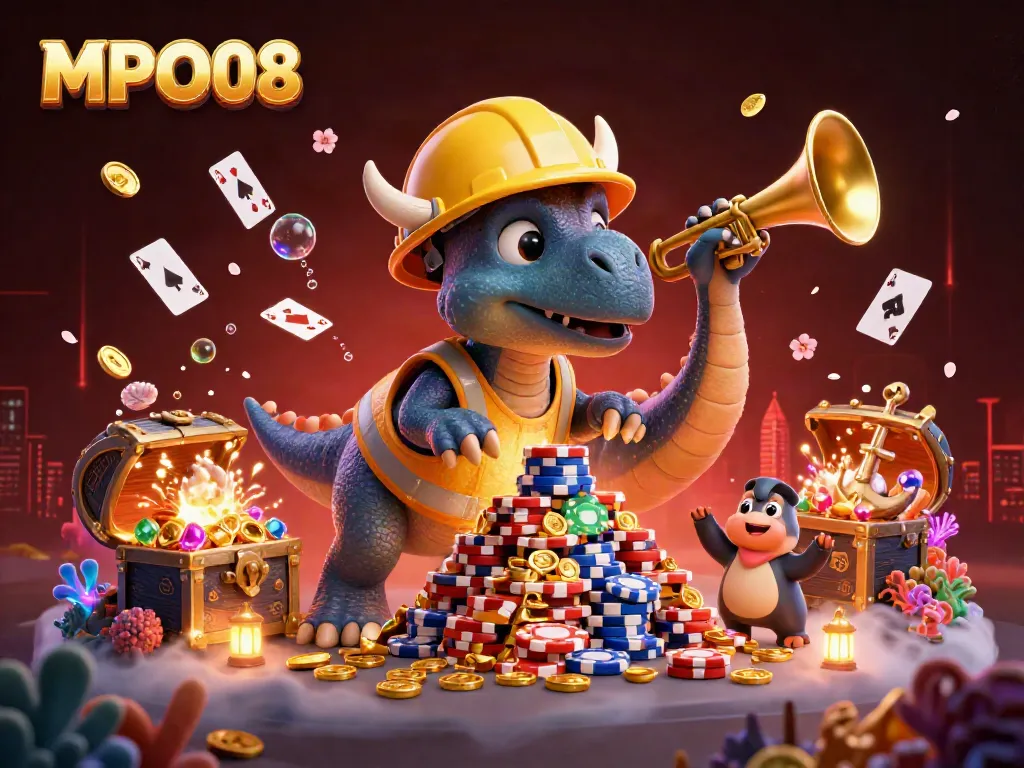 Experience excitement with MPO08's vibrant casino-themed illustration featuring fun characters and elements.