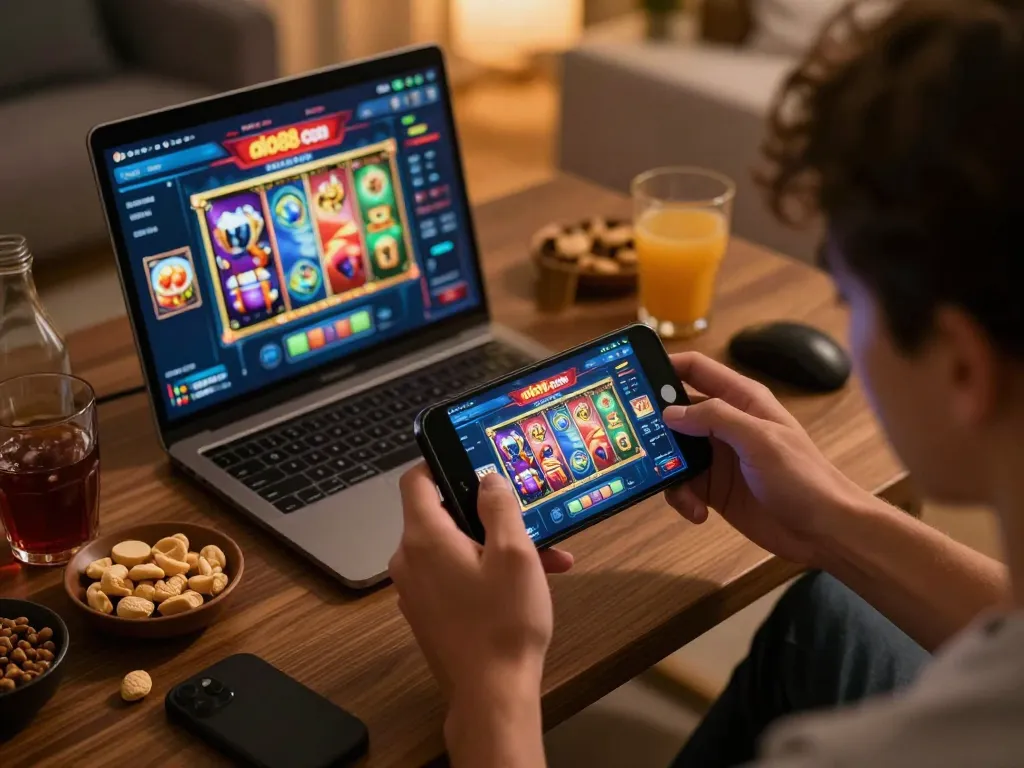 Engaging moment on alo88 eu com with player excitedly spinning mobile slot reels in cozy home setting
