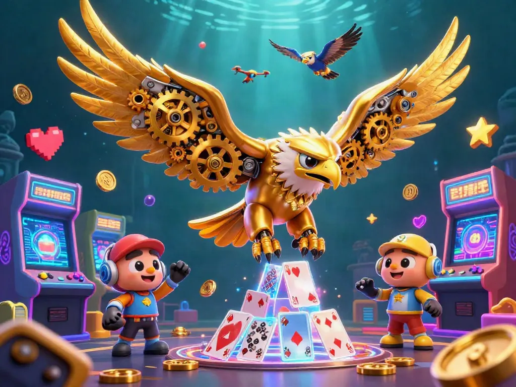 IDNSCORE showcases a golden eagle soaring through a vibrant casino-themed landscape.