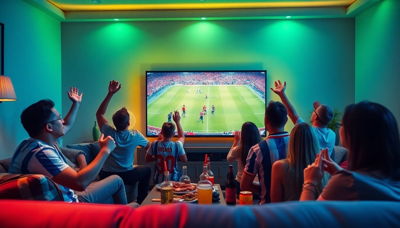 Fans enjoying a live football match on LuongSonTV, showcasing excitement and community.