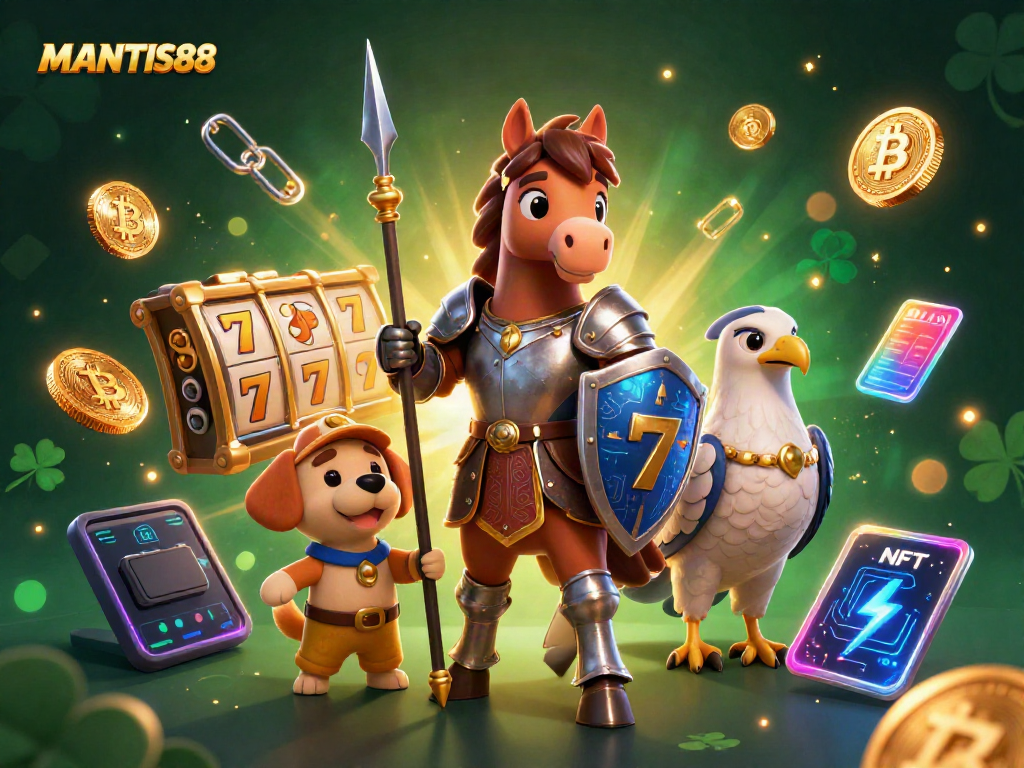 Engage with MANTIS88 as a vibrant online casino featuring dynamic characters and glowing game elements.