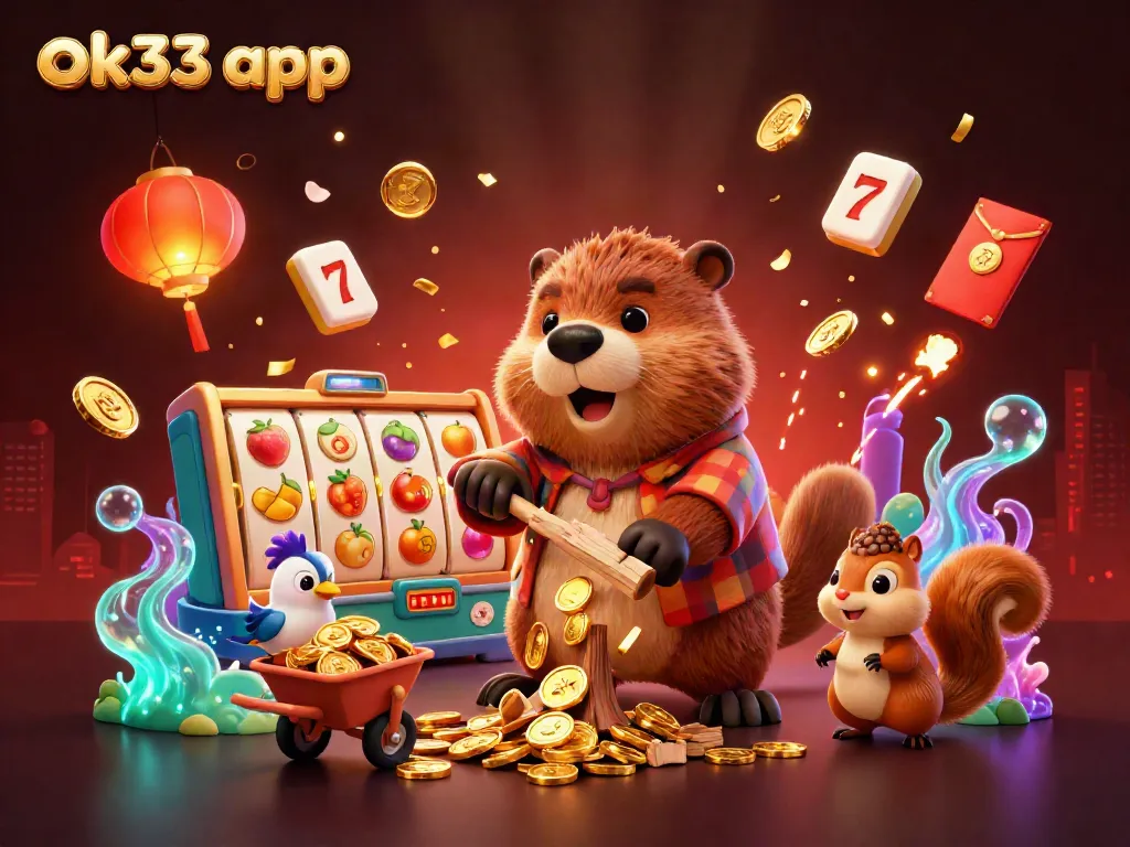 Experience thrilling gaming with the ok33 app as a beaver chops trees raining gold coins in a vibrant scene.
