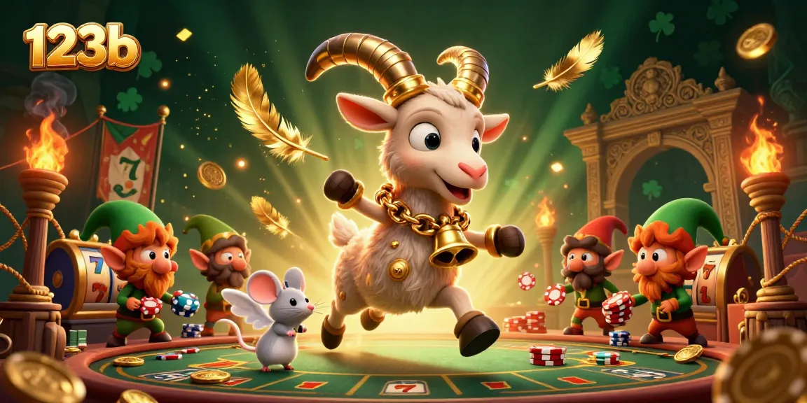 Experience thrilling moments at 123b with playful characters in a dynamic casino setting featuring slot reels and gold coins.