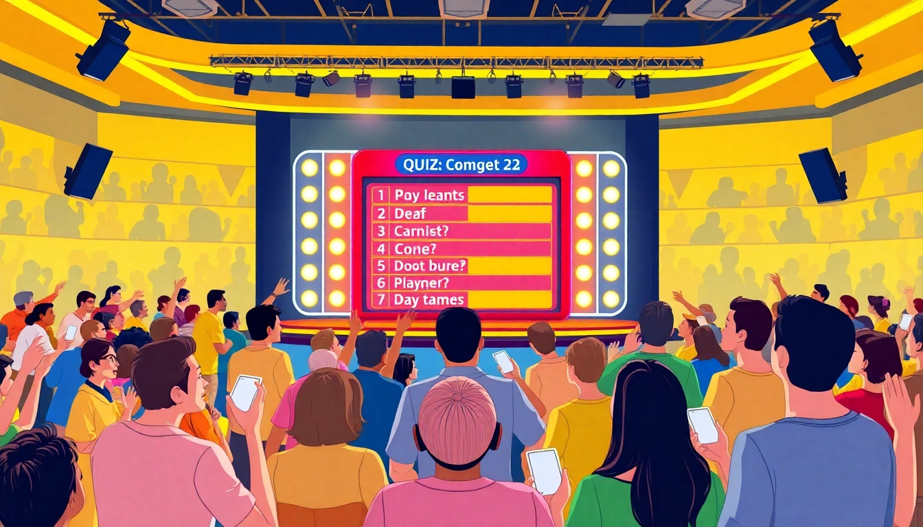 Engaging quiz competition scene showcasing participants and an illuminated quiz board, sparking excitement.