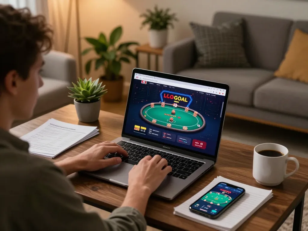 Player engaging with LGOGOAL platform on laptop, showcasing strategic online gambling environment