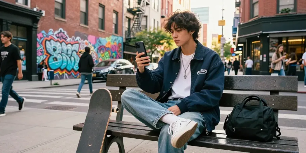 Influencer menunjukkan gaya fashion cirebontoto dengan skateboard di latar belakang urban yang penuh grafiti.