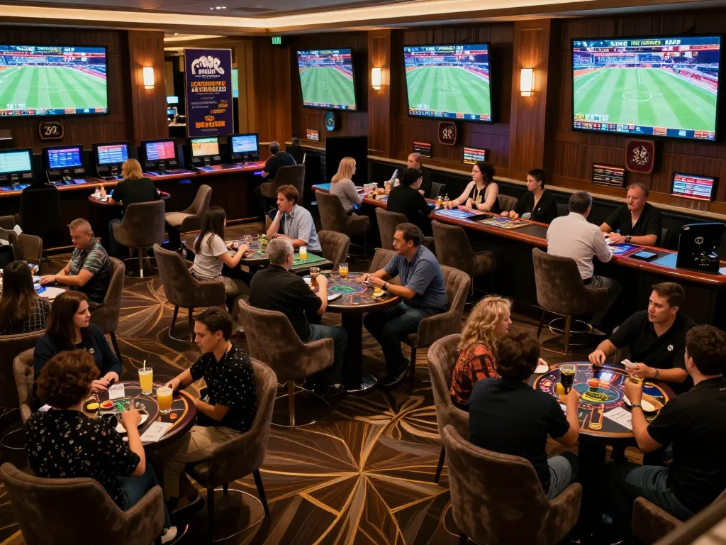 LC88 sports betting lounge showcasing eager bettors engaged in live matches and strategic discussions.