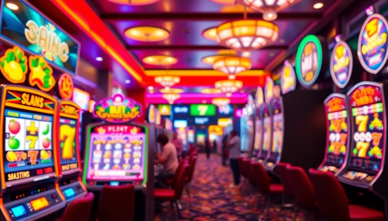 Slot machine yang menarik di kasino dengan suasana berkilau dan penuh semangat.