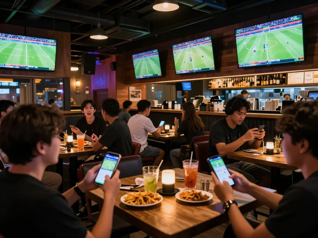 Excited patrons engaging with kèo nhà cái app for sports betting in a lively bar setting