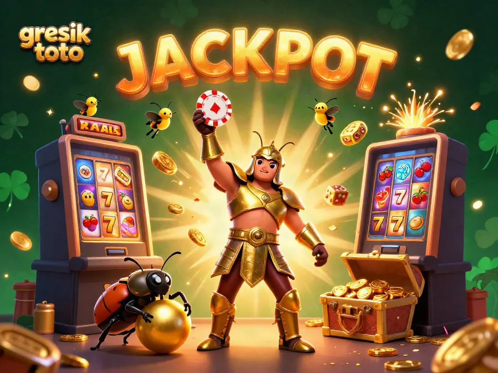 Experience the excitement of gresik toto as a victorious beetle lifts a poker chip amidst dazzling casino elements.