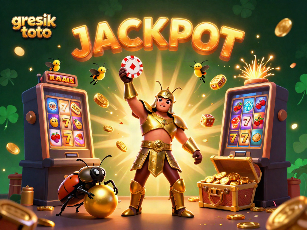 Experience the excitement of gresik toto as a victorious beetle lifts a poker chip amidst dazzling casino elements.