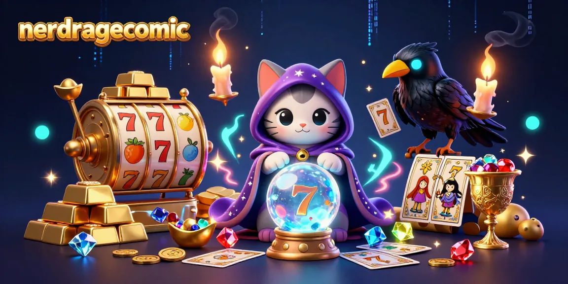 Gambarkan nerdragecomic saat bermain slot, dikelilingi oleh harta karun kasino dan karakter magis.