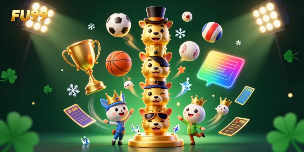 Experience thrilling wins with FU99 at a dynamic casino scene featuring a golden totem and vibrant game elements.