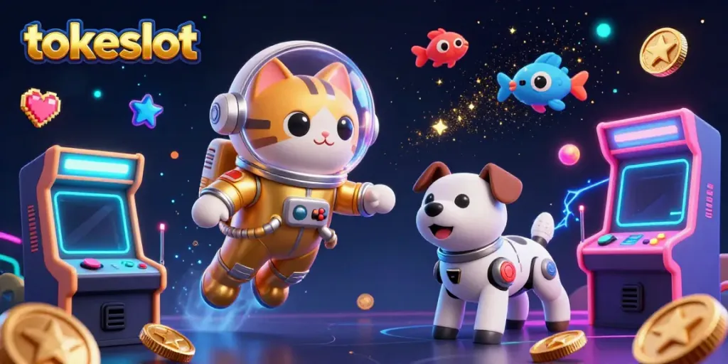 Tokeslot - Dive into an engaging online gaming experience with our dynamic cosmic scene featuring our mascot.