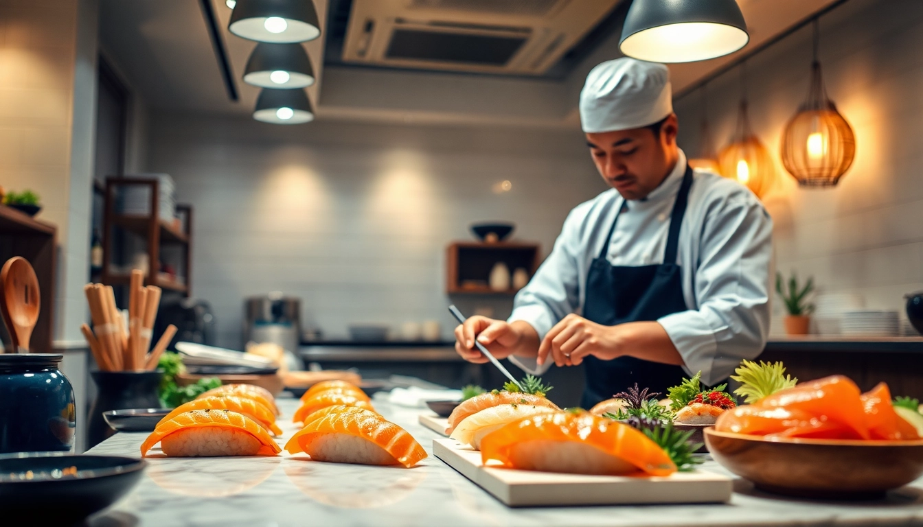 Membuat starjepang sushi di dapur profesional yang cerah dan menarik.