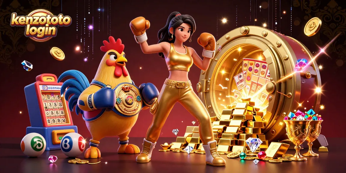 Kenzototo login showcases a dynamic scene with a powerfully posed woman and a boxing rooster in a vibrant lottery-themed environment.