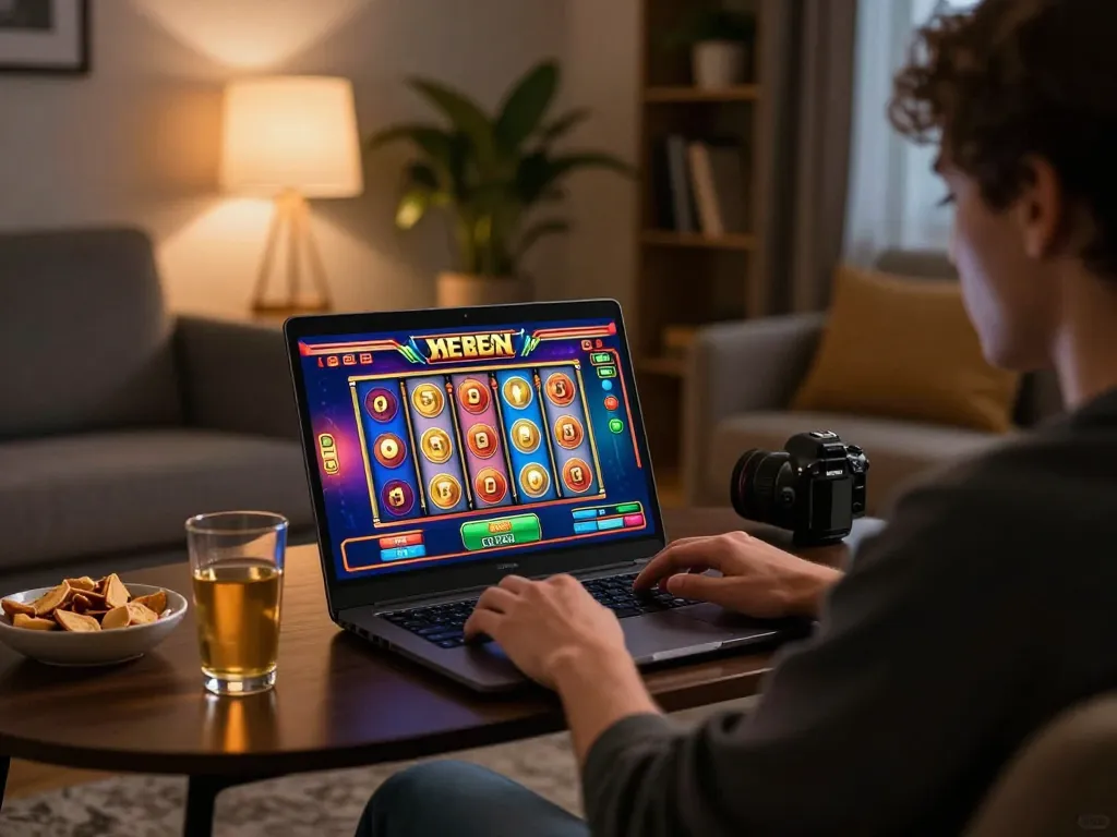 IDNSCORE user spinning reels on an online slot game from a cozy living room setup.
