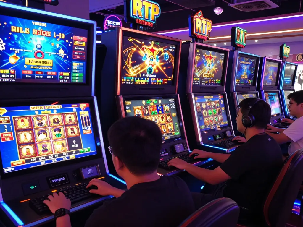 Adegan permainan daring VIRUS88 yang menarik dengan pemain menikmati berbagai permainan slot di kasino digital yang penuh warna.
