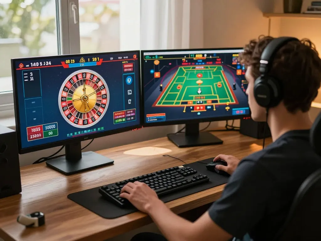 Nego77 player strategically betting in live roulette session from home office setup.