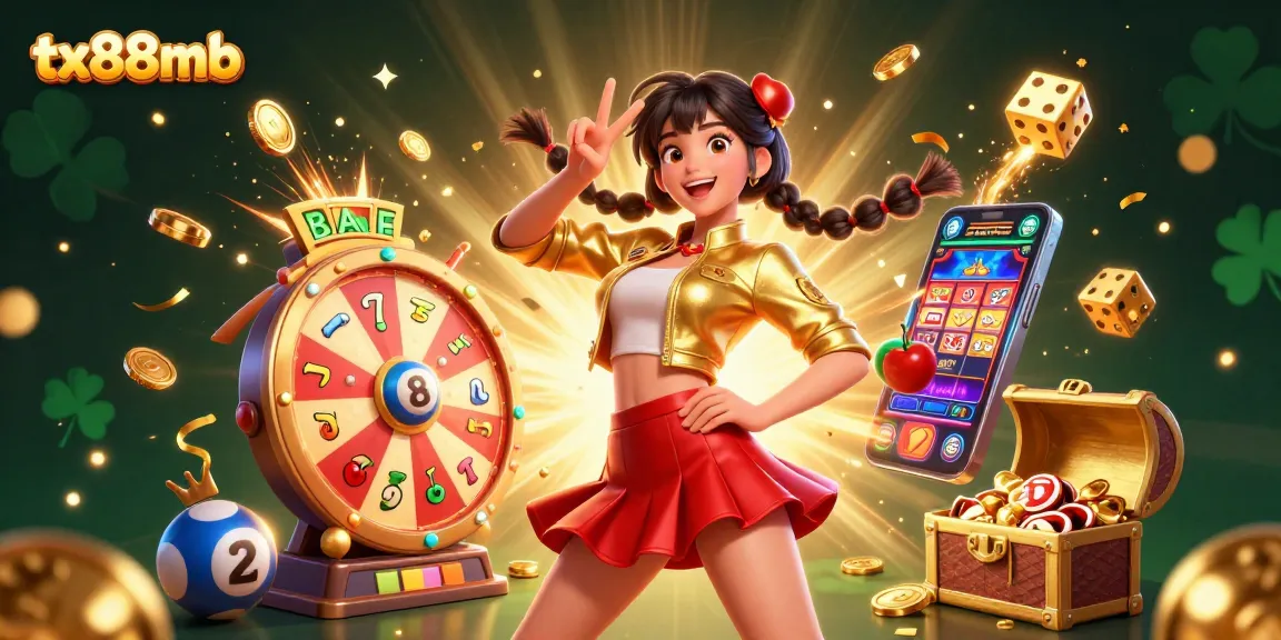 Experience vibrant games with tx88mb, featuring a dynamic scene of online casino elements and joyful characters.