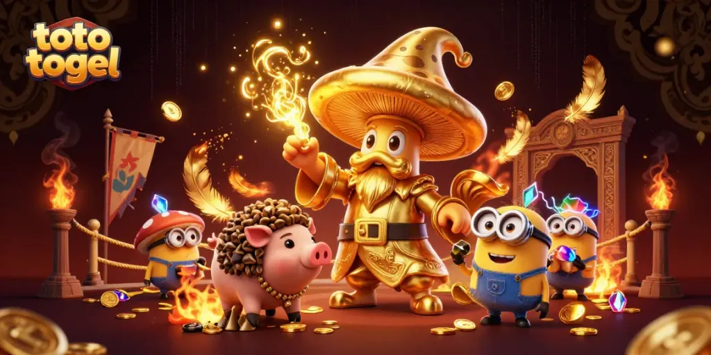 Experience the magical world of toto togel with a golden mushroom wizard transforming a casino scene into gold.