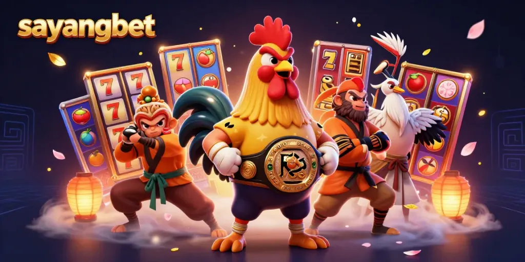 Experience the thrill of sayangbet with a vibrant 3D casino scene featuring a Muay Thai rooster and a Shaolin monkey.