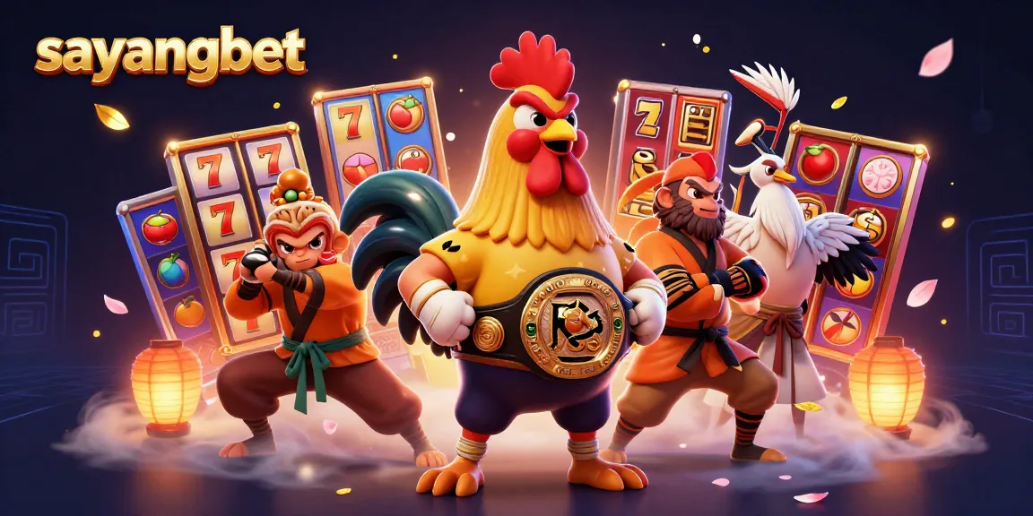 Experience the thrill of sayangbet with a vibrant 3D casino scene featuring a Muay Thai rooster and a Shaolin monkey.