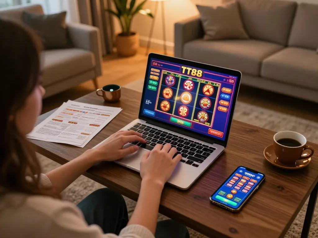 TT88 online gaming setup with a player engaging in thrilling casino games at home, showcasing a vibrant screen and a relaxed atmosphere.