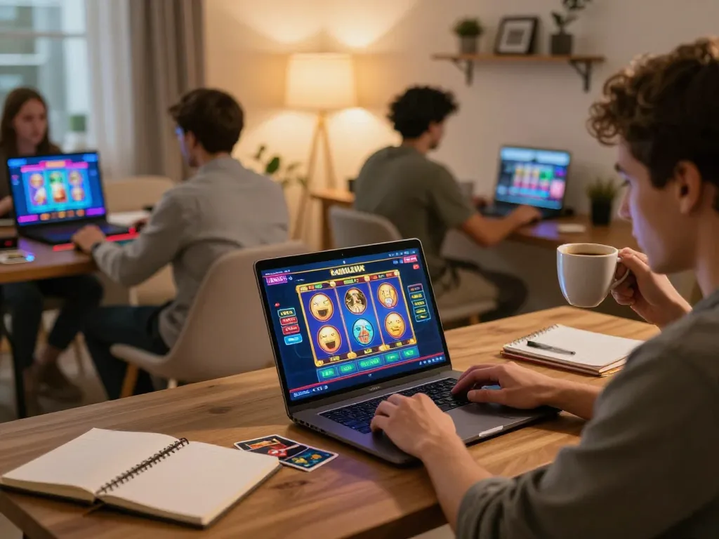 Player enjoying online slots at LGOLUX in cozy gaming setup with coffee and strategy notes.