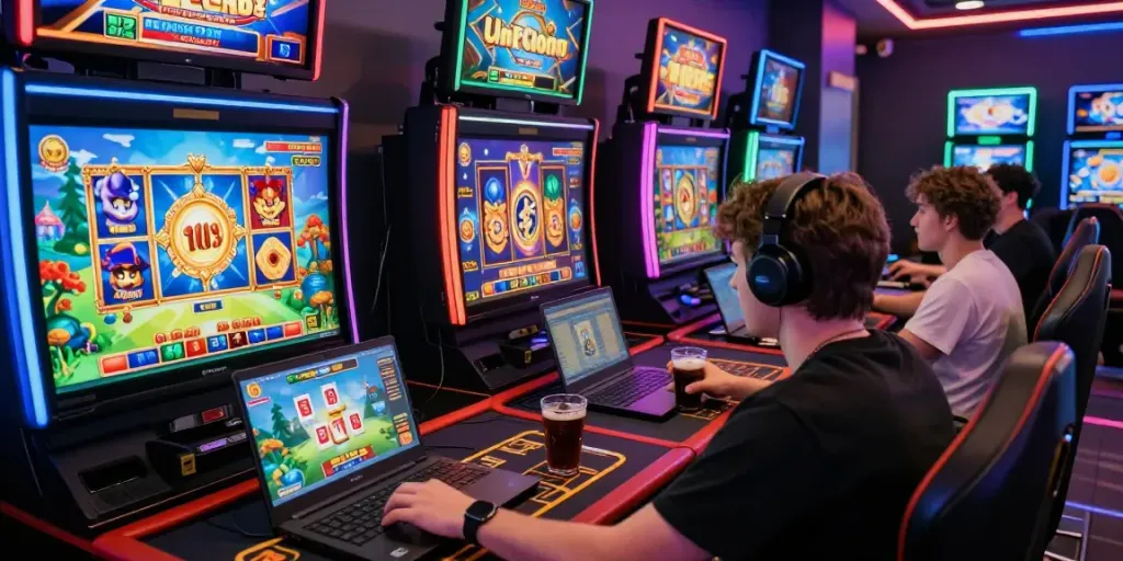 Pengguna sniperslot bermain permainan slot online dengan antusias, suasana gaming yang ceria.