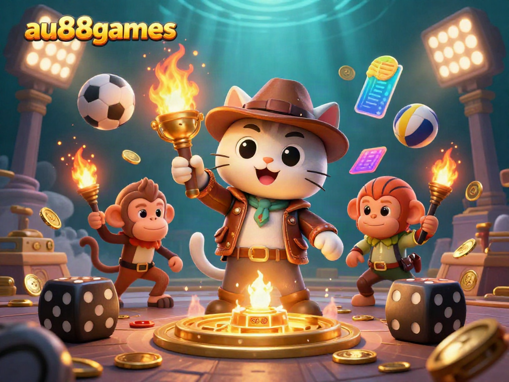 Join the excitement at au88games with a vibrant scene of a cat explorer and monkey companion in a dynamic casino themed setting.