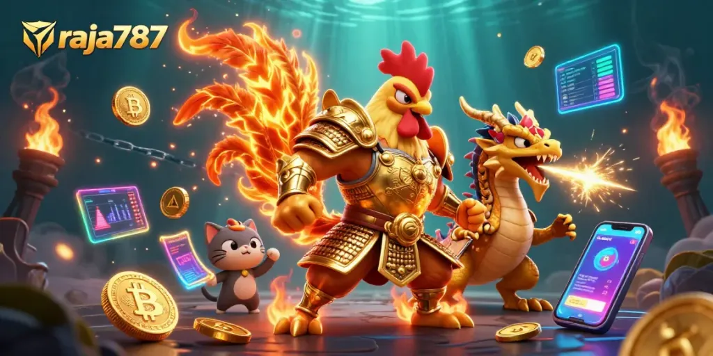 Raja787 menampilkan ilustrasi kasino dengan ayam jantan prajurit dan naga berani, dikelilingi koin digital.
