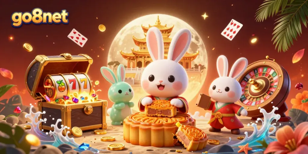 Experience exciting gameplay with go8net's dynamic illustration featuring festive casino elements.
