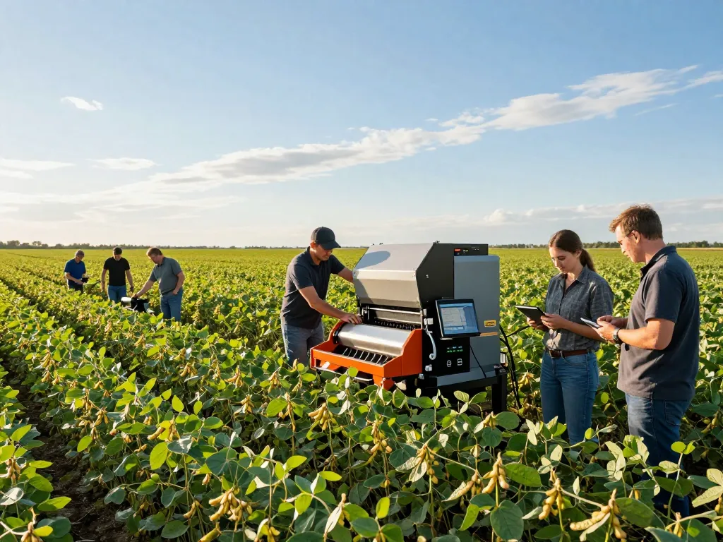 Farmer utilizing BANDIT69 soybean processing technology in a lush field.