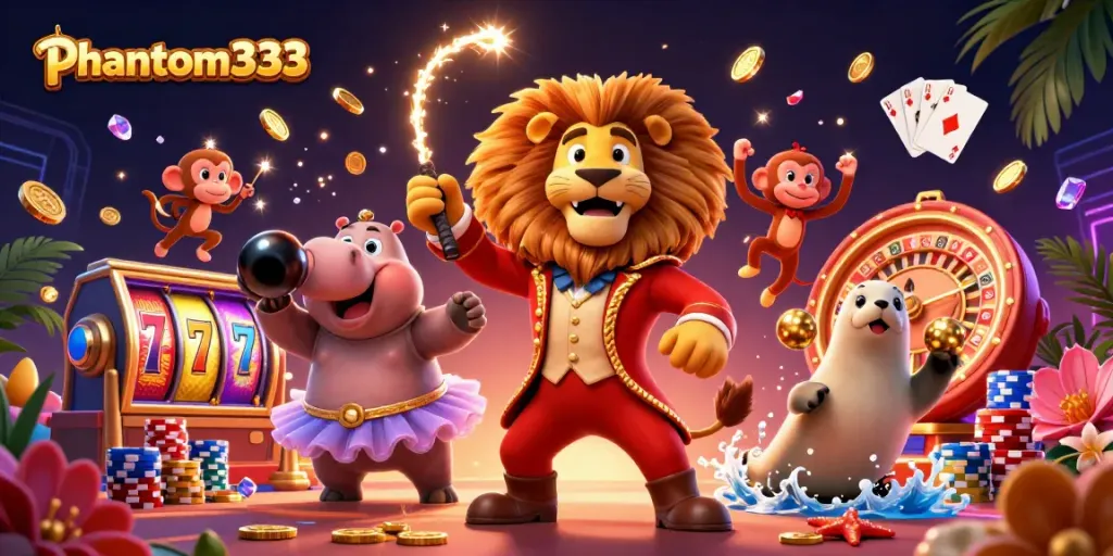 Engage with phantom333's lively scene featuring slot machines, a dynamic lion, and casino excitement.