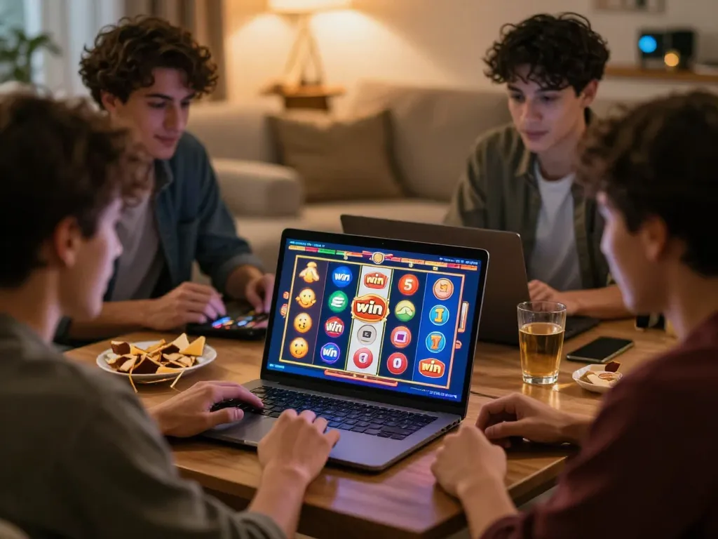 Players strategizing in an online slot game, highlighting situs slot gacor experience in a cozy home.