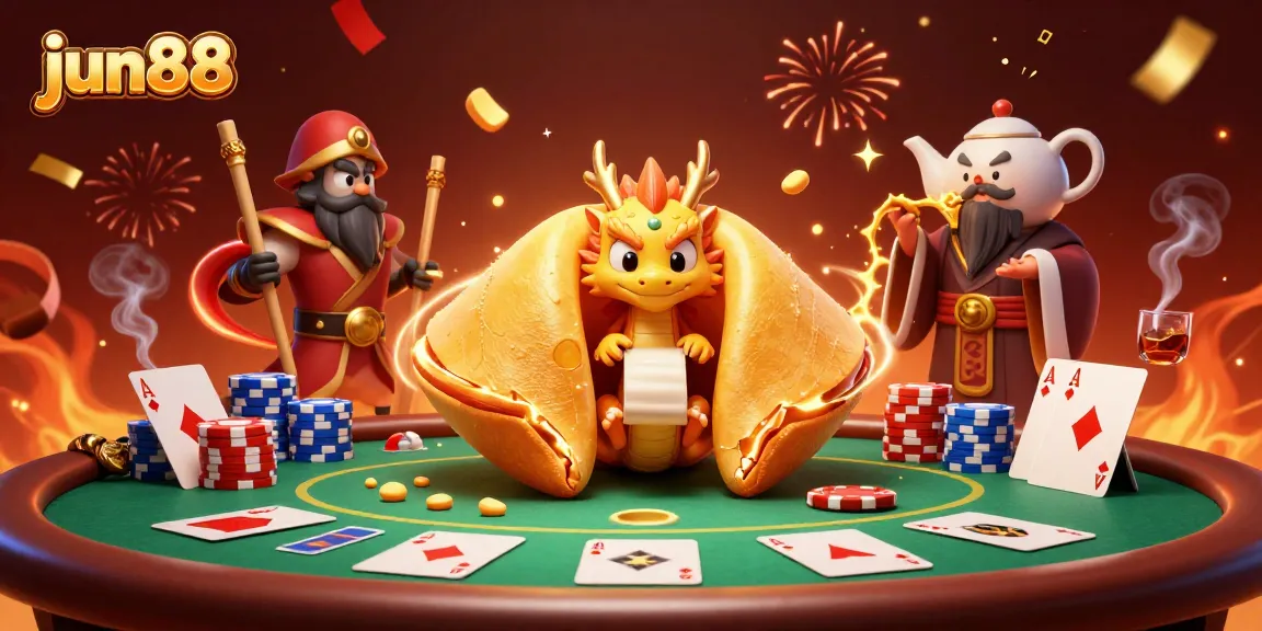 Experience winning at jun88 with a golden fortune cookie theme illustrated in a vibrant casino scene.