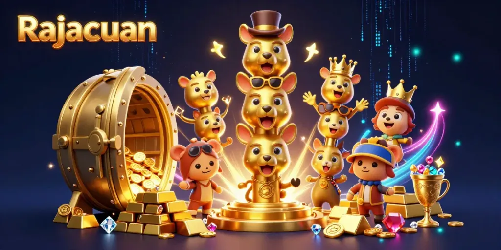 Experience immersive gaming excitement with Rajacuan's vivid casino illustration featuring totem poles and golden treasures.