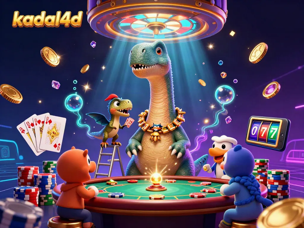 Kadal4d transforms gaming with a vibrant casino scene featuring a brontosaurus, raptor dealer, and dazzling slot elements.