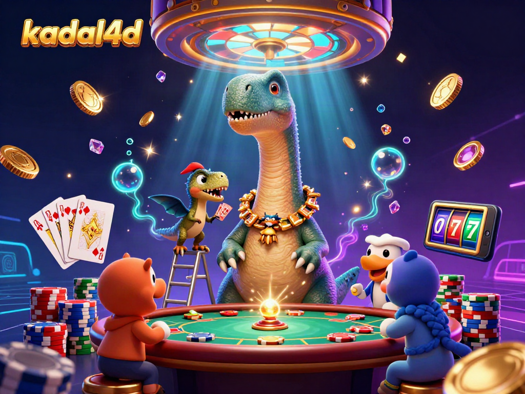 Kadal4d transforms gaming with a vibrant casino scene featuring a brontosaurus, raptor dealer, and dazzling slot elements.