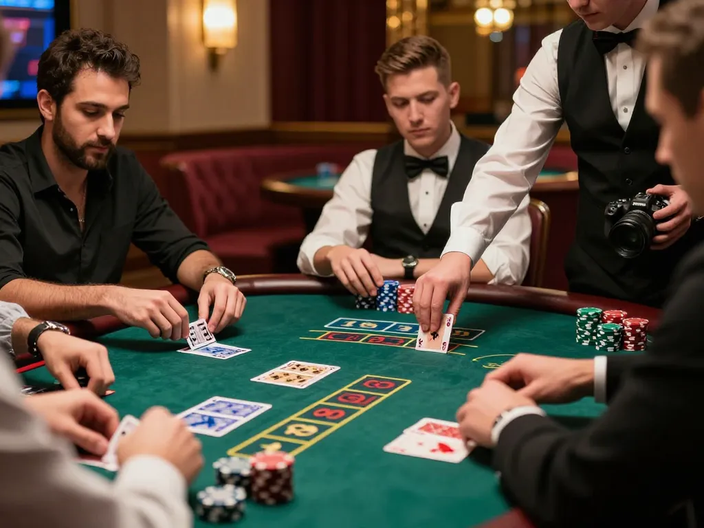 LIGA2000 players strategizing bets at a dynamic blackjack table amidst vibrant casino lighting.