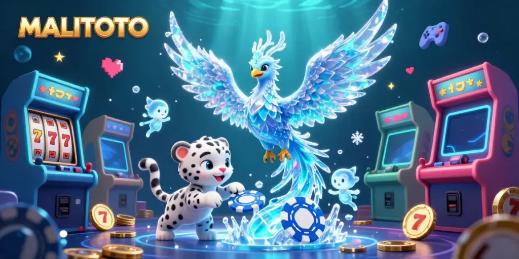 Join the MALITOTO fantasy with an ice phoenix and playful characters in a colorful, vibrant casino scene.