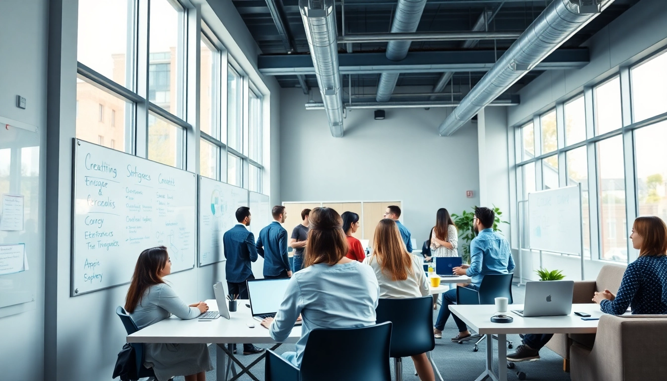 Marketing Agency team brainstorming innovative strategies in a bright, modern workspace.
